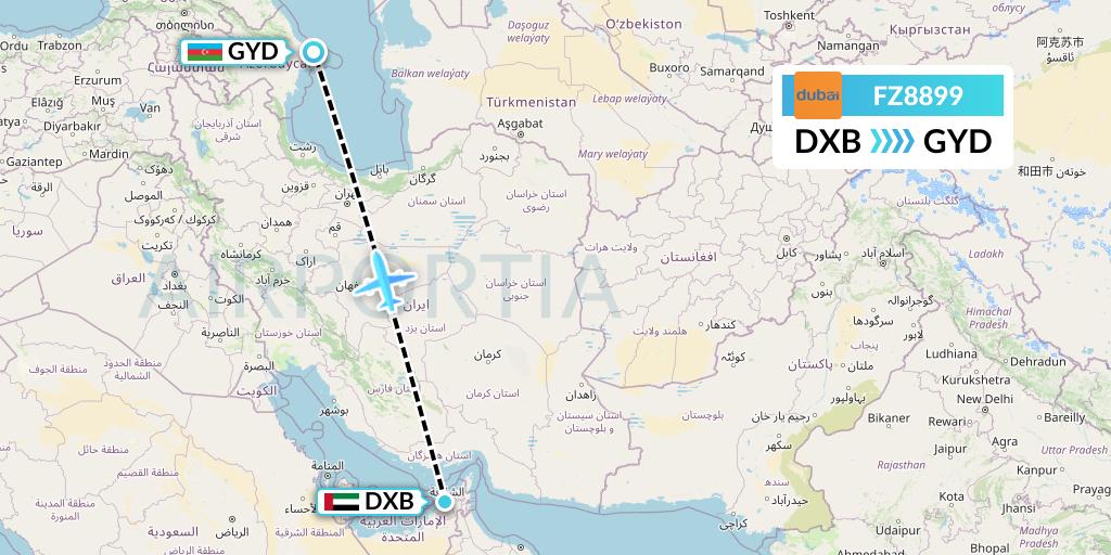 FZ8899 FlyDubai Flight Map: Dubai to Baku