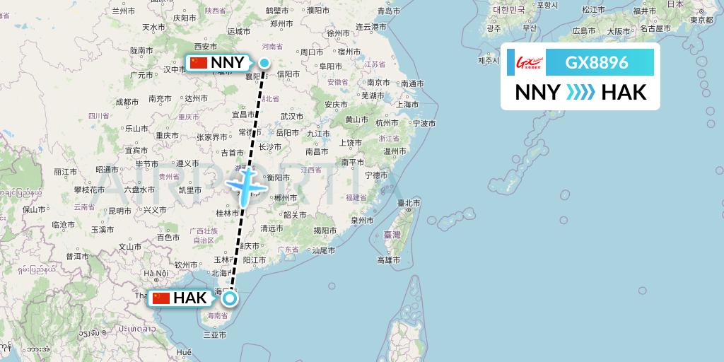 GX8896 GX Airlines Flight Map: Nanyang to Haikou