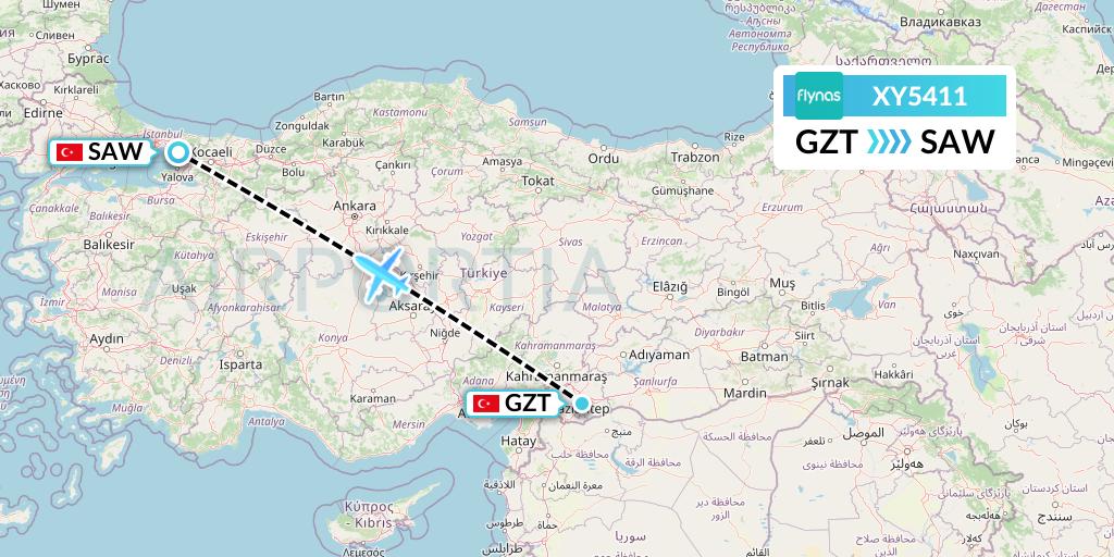 XY5411 Flynas Flight Map: Gaziantep to Istanbul