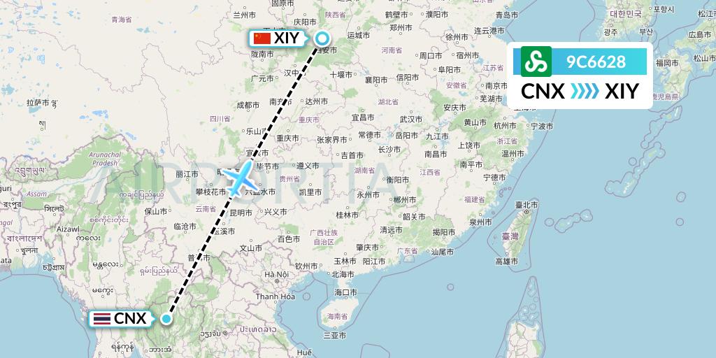 9C6628 Spring Airlines Flight Map: Chiang Mai to Xi'an
