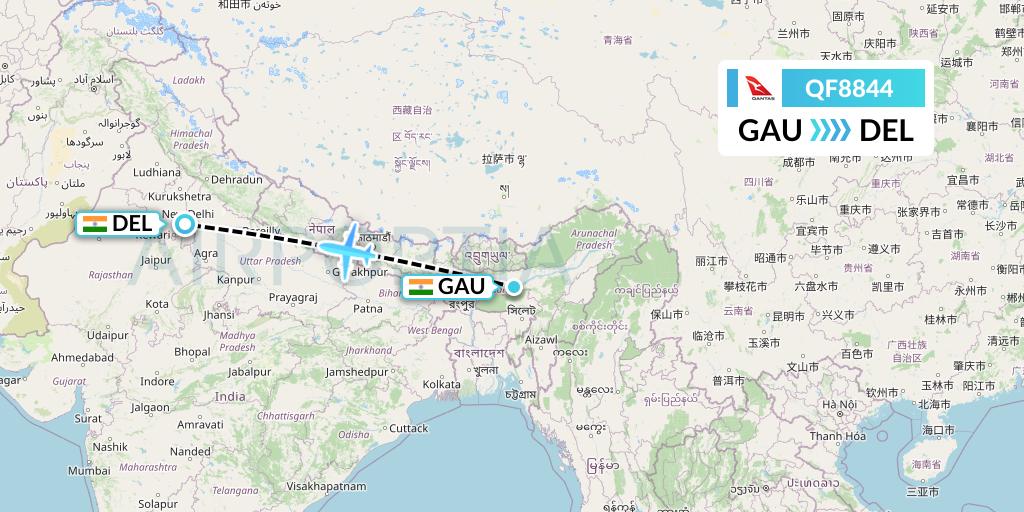 QF8844 Qantas Flight Map: Guwahati to Delhi