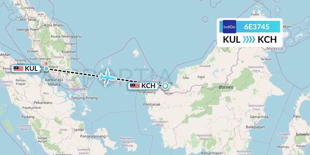 6E3745 IndiGo Airlines Flight Map: Kuala Lumpur to Kuching