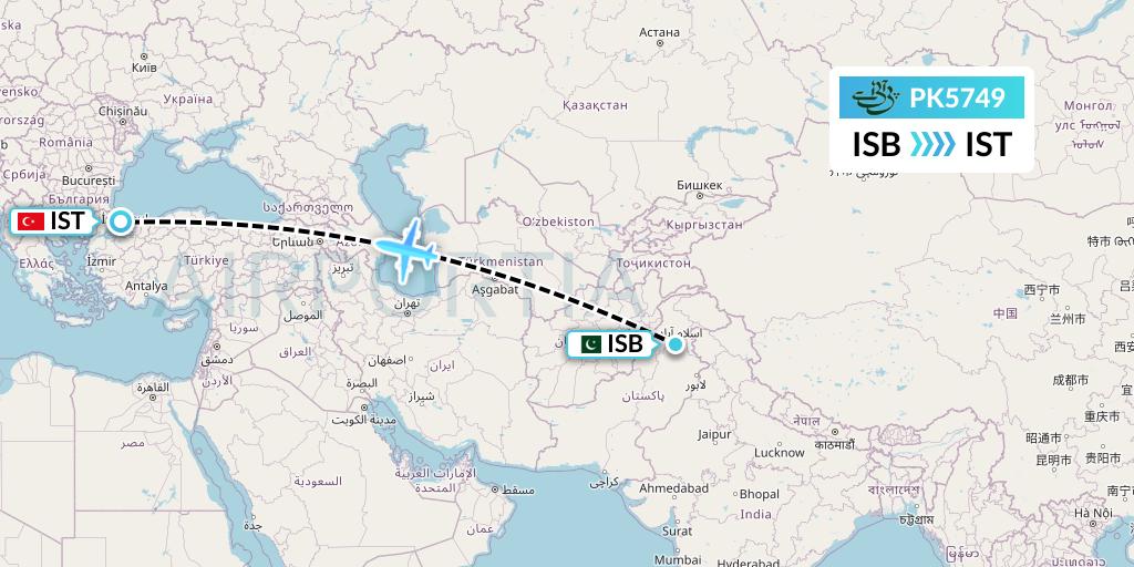 PK5749 Pakistan International Airlines Flight Map: Islamabad to Istanbul