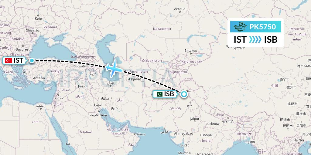 PK5750 Pakistan International Airlines Flight Map: Istanbul to Islamabad
