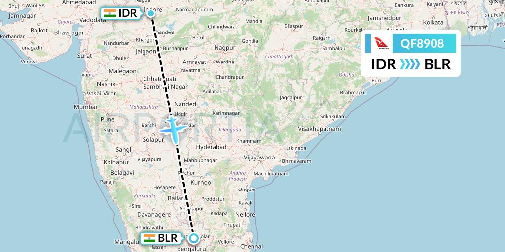 QF8908 Qantas Flight Map: Indore to Bangalore