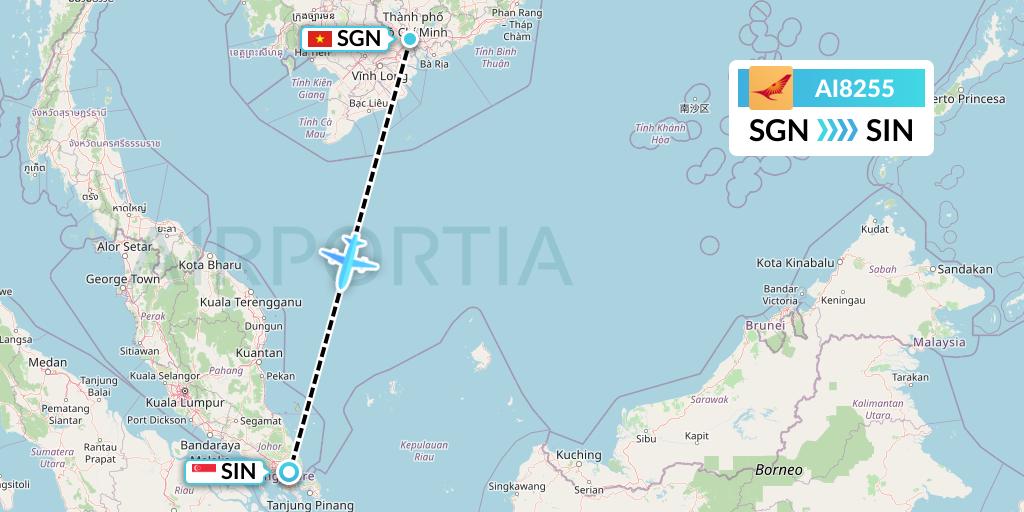 AI8255 Air India Flight Map: Ho Chi Minh City to Singapore