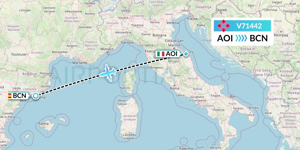 V71442 Volotea Flight Map: Ancona to Barcelona