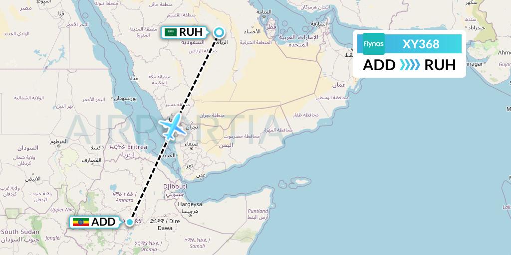 XY368 Flynas Flight Map: Addis Ababa to Riyadh