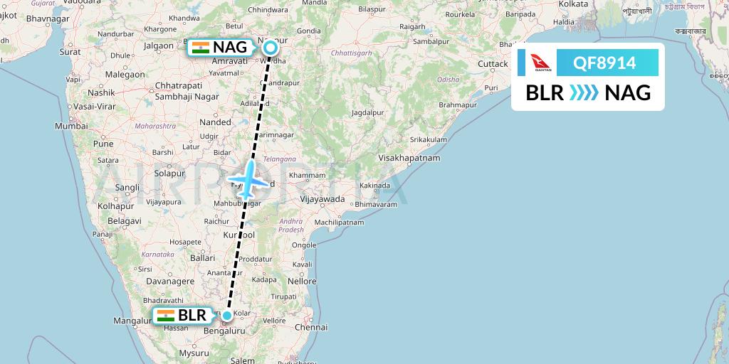 QF8914 Qantas Flight Map: Bangalore to Nagpur