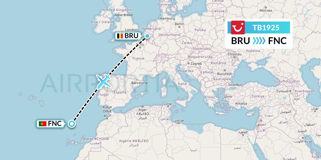 TB1925 TUI fly Belgium Flight Map: Brussels to Funchal