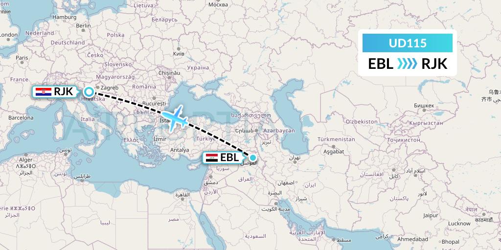 UD115 UR Airlines Flight Map: Arbil to Rijeka