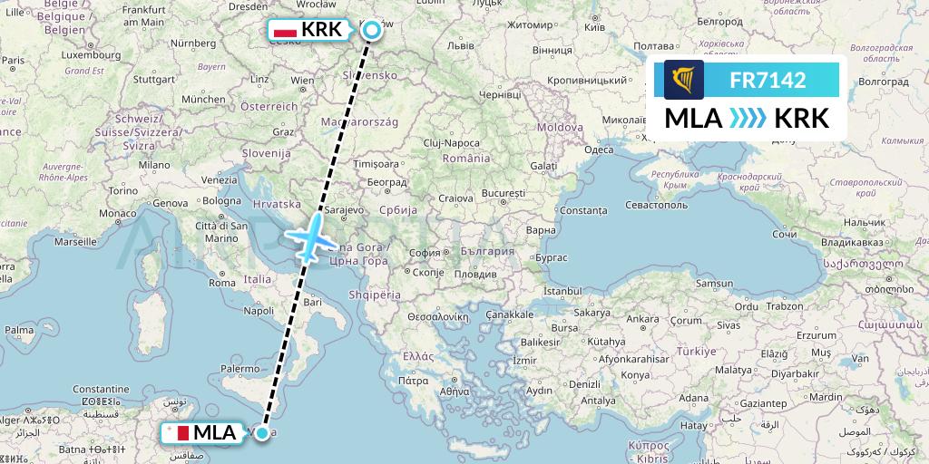 FR7142 Ryanair Flight Map: Malta to Krakow