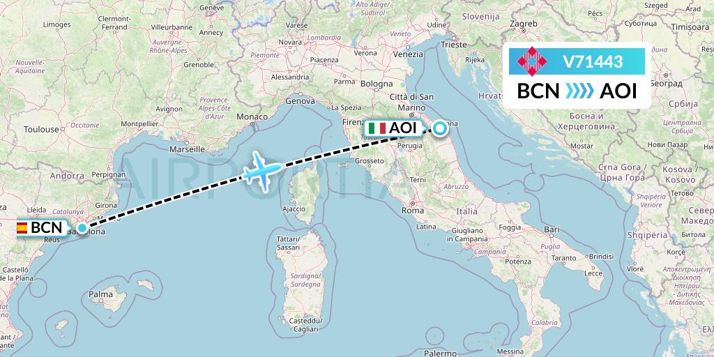 V71443 Volotea Flight Map: Barcelona to Ancona