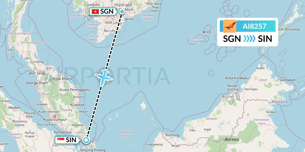 AI8257 Air India Flight Map: Ho Chi Minh City to Singapore
