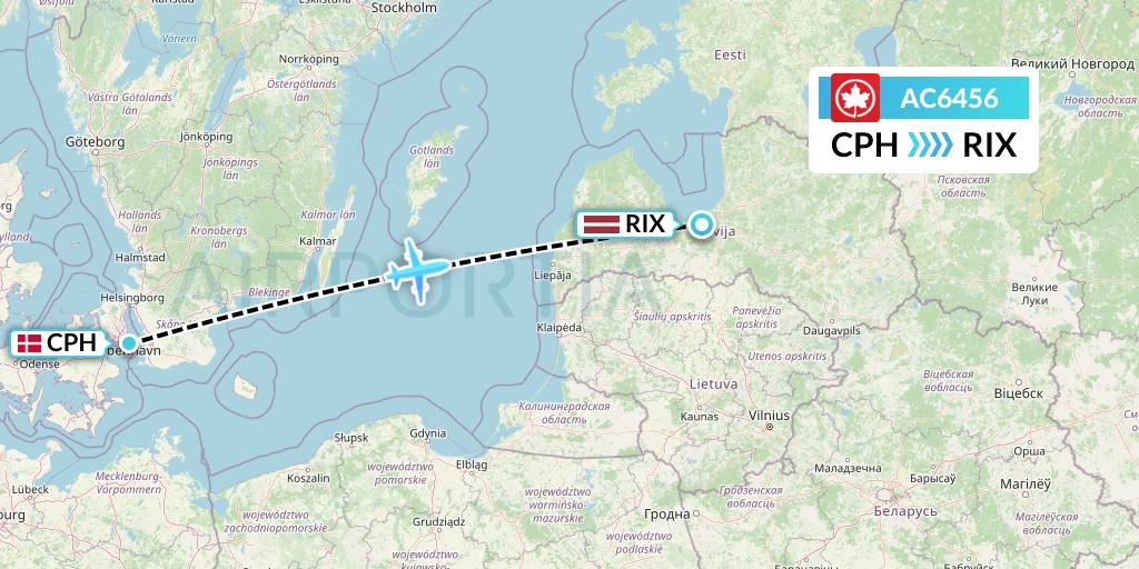 AC6456 Air Canada Flight Map: Copenhagen to Riga
