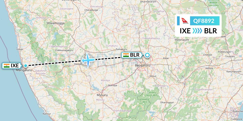 QF8892 Qantas Flight Map: Mangalore to Bangalore