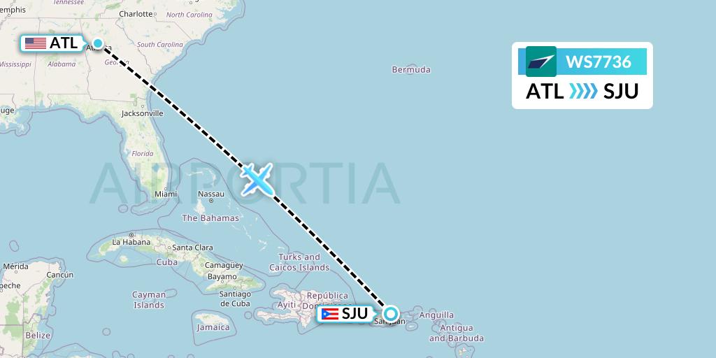 WS7736 WestJet Flight Map: Atlanta to San Juan