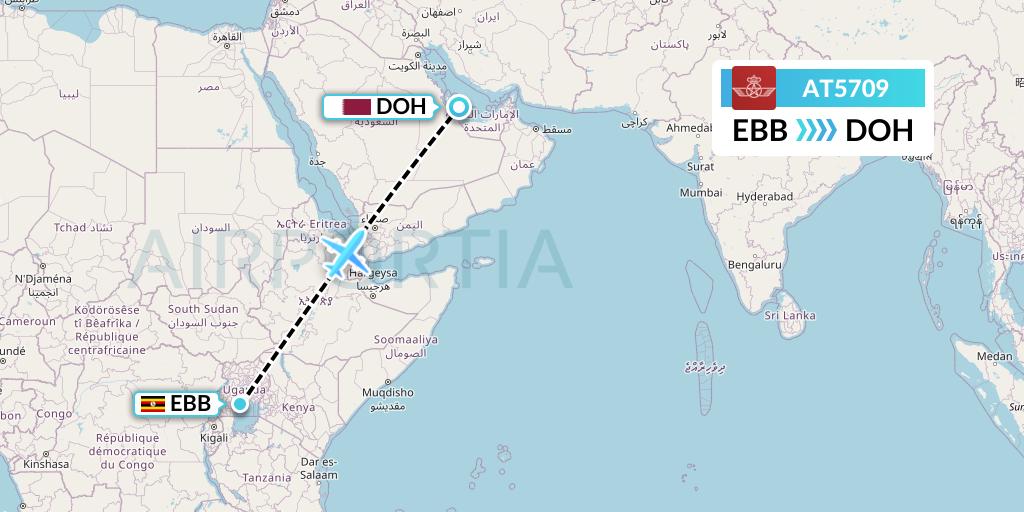 AT5709 Royal Air Maroc Flight Map: Entebbe to Doha
