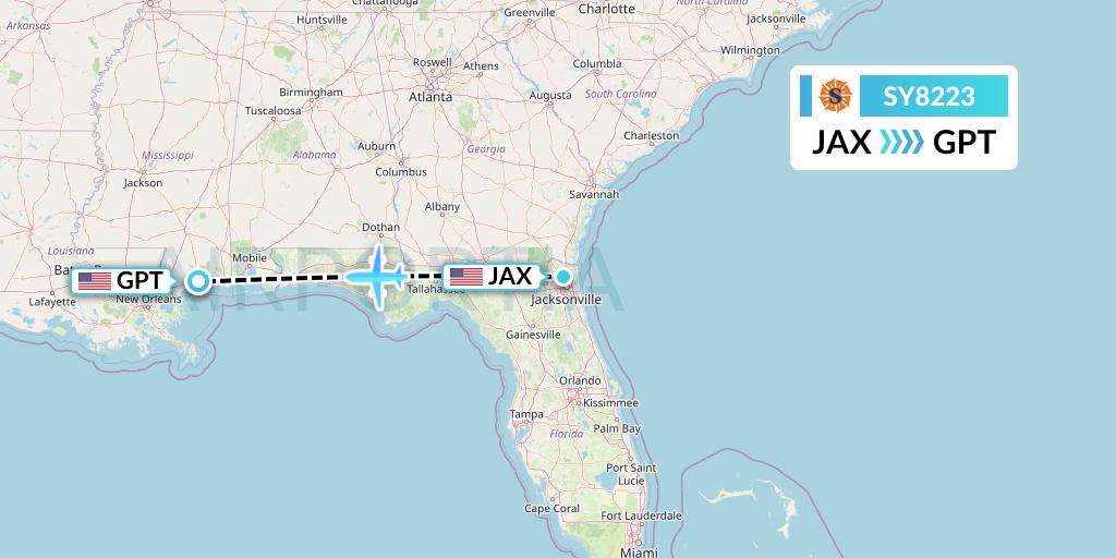 SY8223 Sun Country Airlines Flight Map: Jacksonville to Gulfport