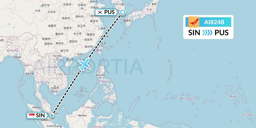 AI8248 Air India Flight Map: Singapore to Busan