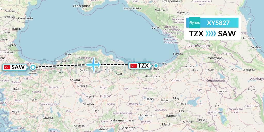 XY5827 Flynas Flight Map: Trabzon to Istanbul