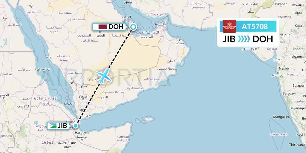 AT5708 Royal Air Maroc Flight Map: Djibouti to Doha