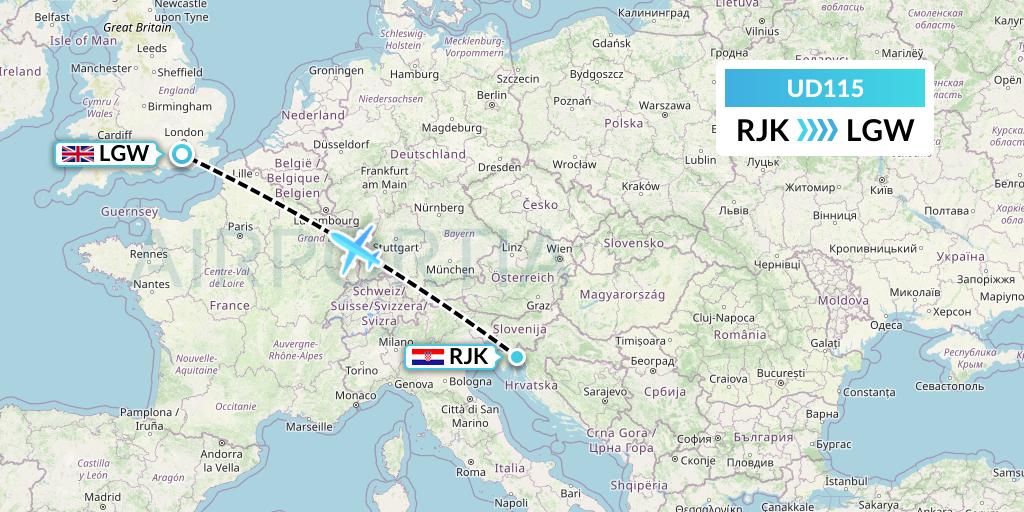 UD115 UR Airlines Flight Map: Rijeka to London