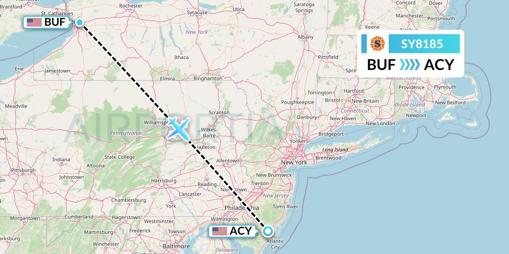 SY8185 Sun Country Airlines Flight Map: Buffalo to Atlantic City