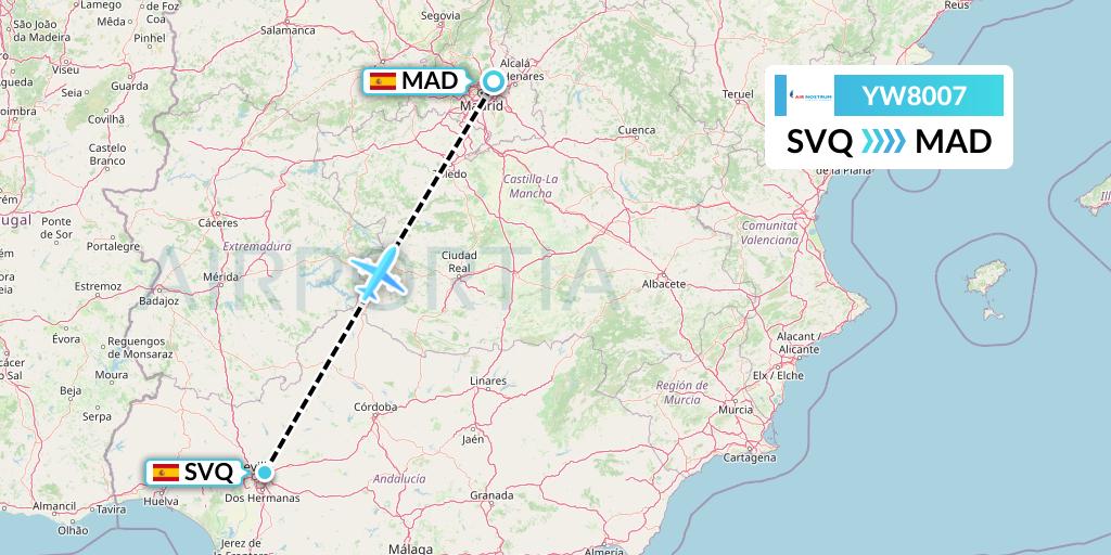 YW8007 Air Nostrum Flight Map: Seville to Madrid