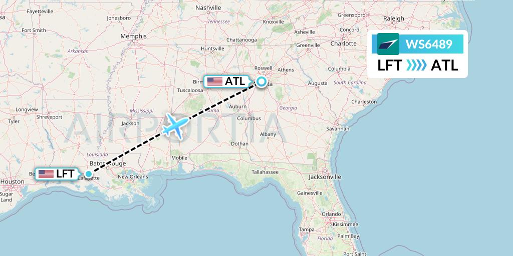 WS6489 WestJet Flight Map: Lafayette to Atlanta