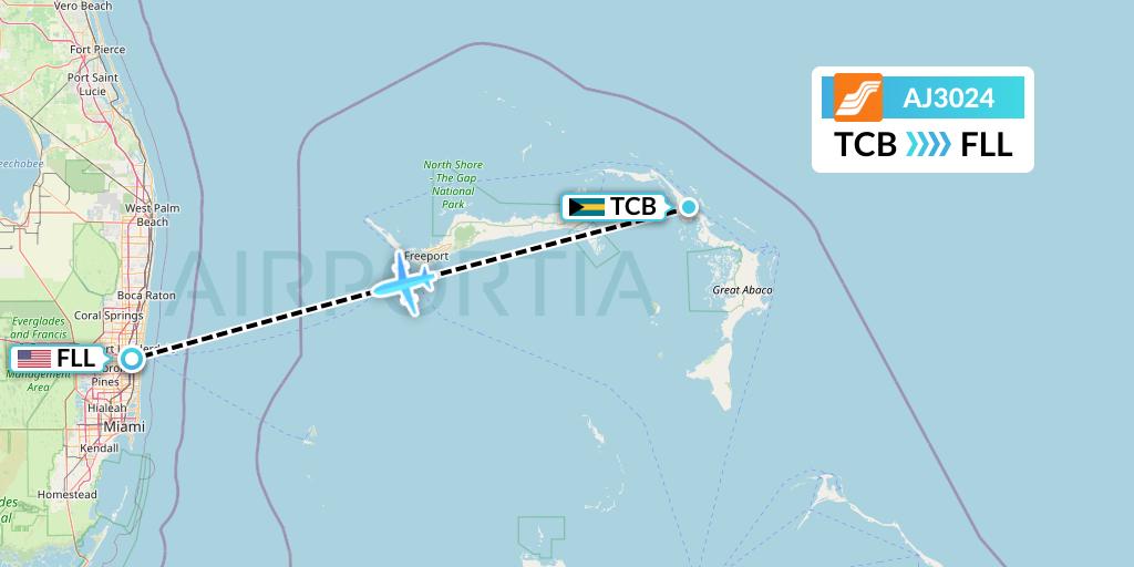 AJ3024 Aztec Airways Flight Map: Treasure Cay to Fort Lauderdale