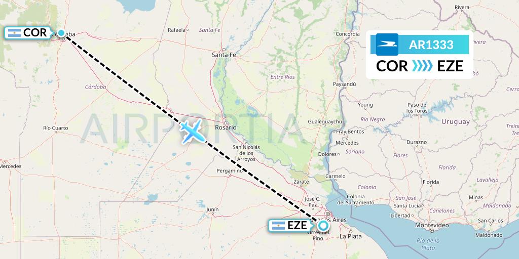 AR1333 Aerolineas Argentinas Flight Map: Cordoba to Buenos Aires
