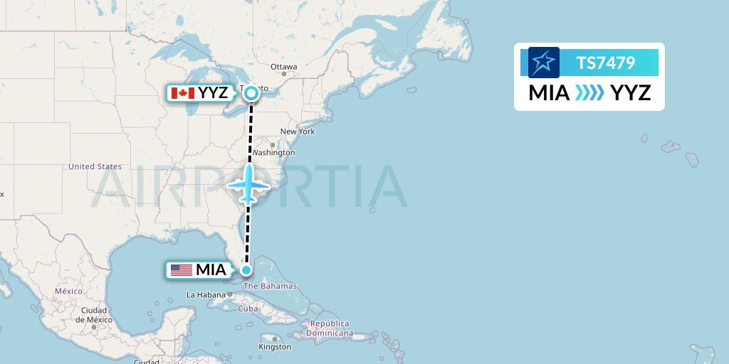 TS7479 Air Transat Flight Map: Miami to Toronto