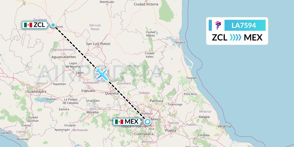 LA7594 LAN Airlines Flight Map: Zacatecas to Mexico City