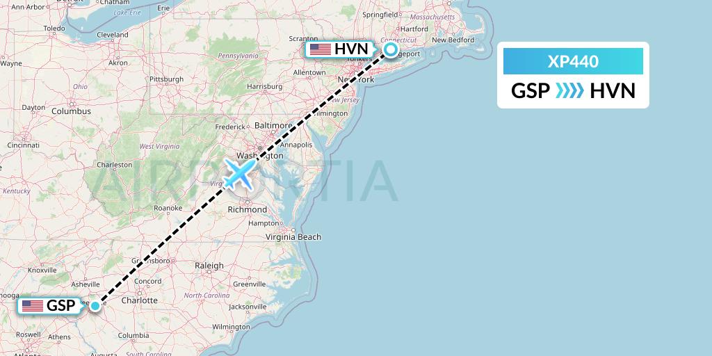 XP440 Avelo Airlines Flight Map: Greenville-Spartanburg to New Haven