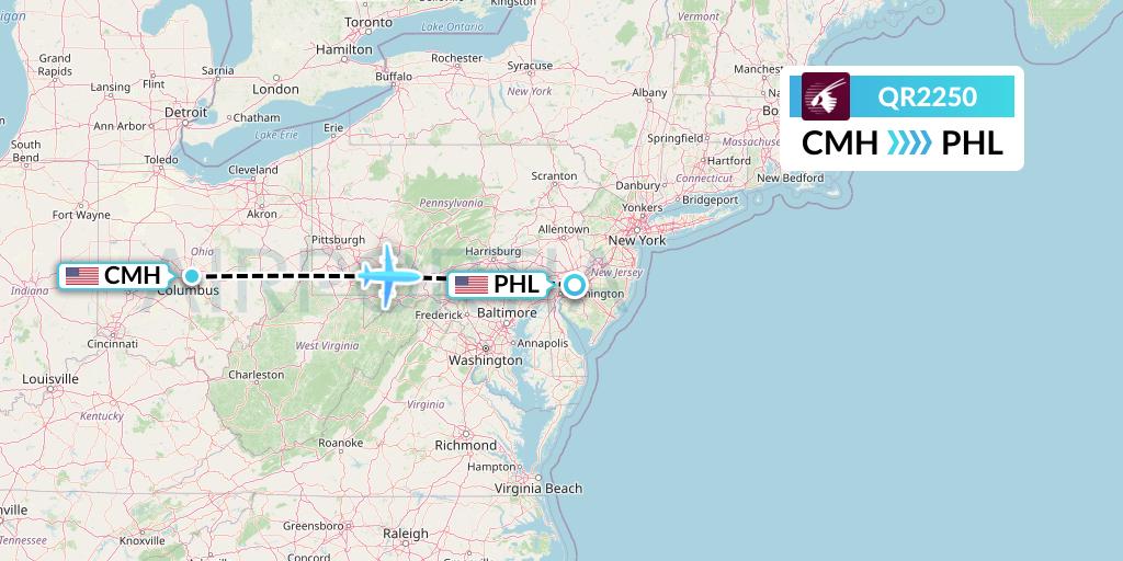 QR2250 Qatar Airways Flight Map: Columbus to Philadelphia