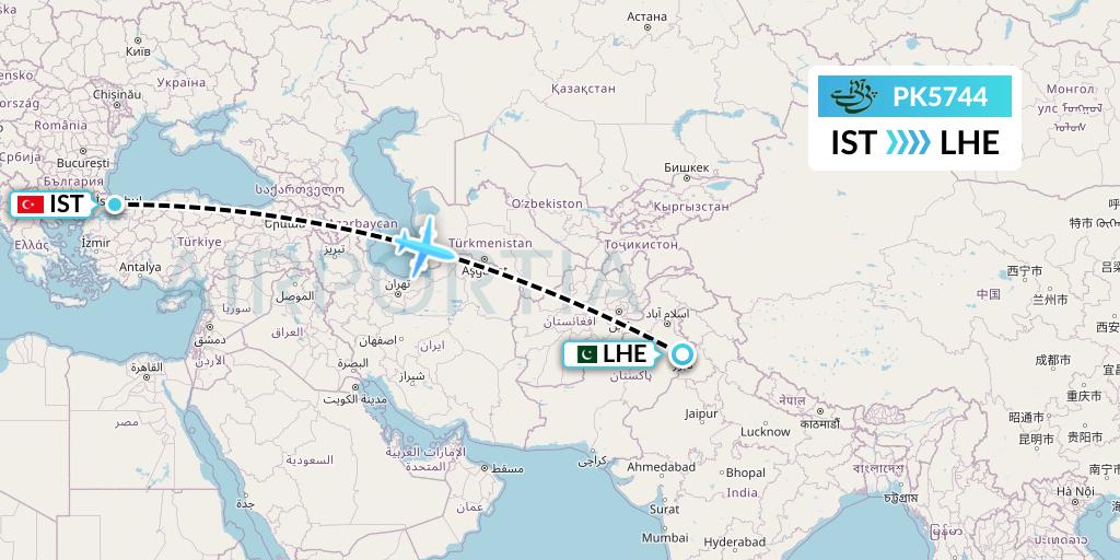 PK5744 Pakistan International Airlines Flight Map: Istanbul to Lahore