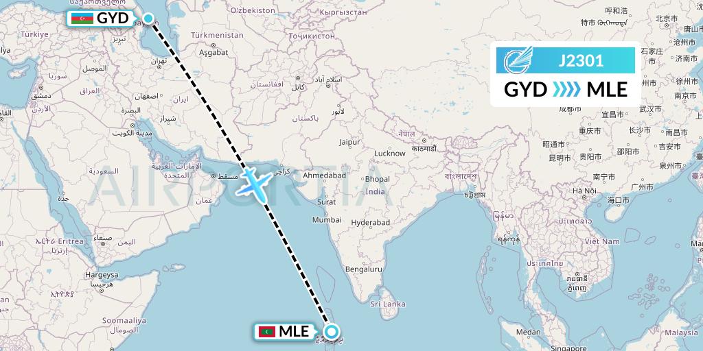 J2301 Azerbaijan Airlines Flight Map: Baku to Male