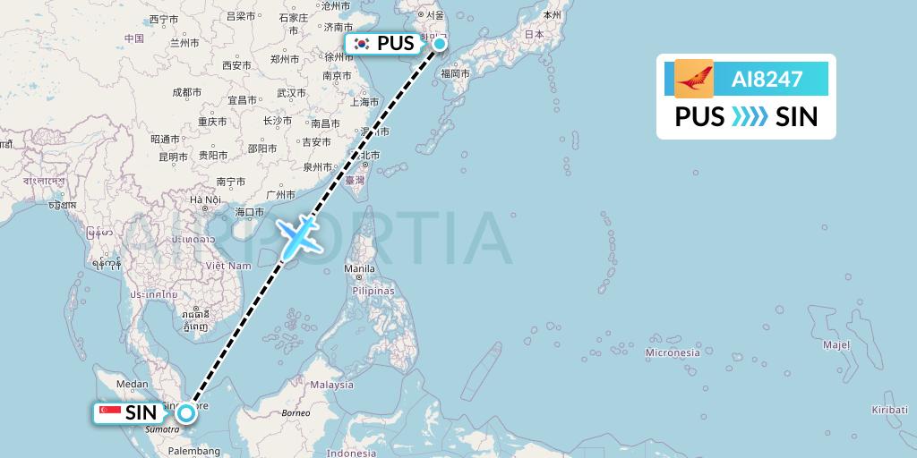 AI8247 Air India Flight Map: Busan to Singapore