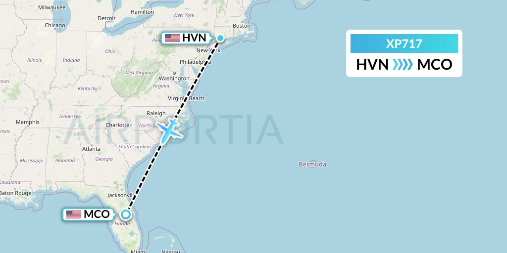 XP717 Avelo Airlines Flight Map: New Haven to Orlando