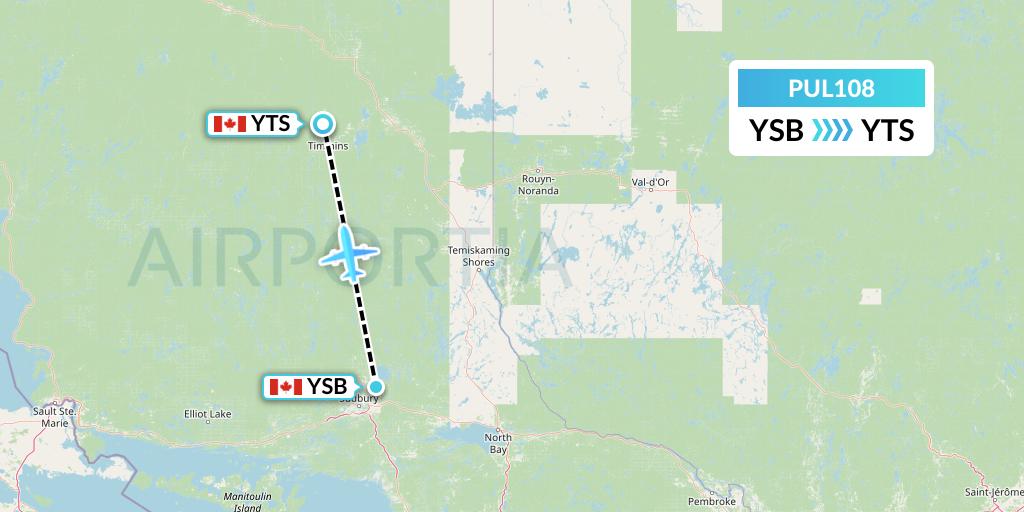 PUL108 Ornge Air Flight Map: Sudbury to Timmins
