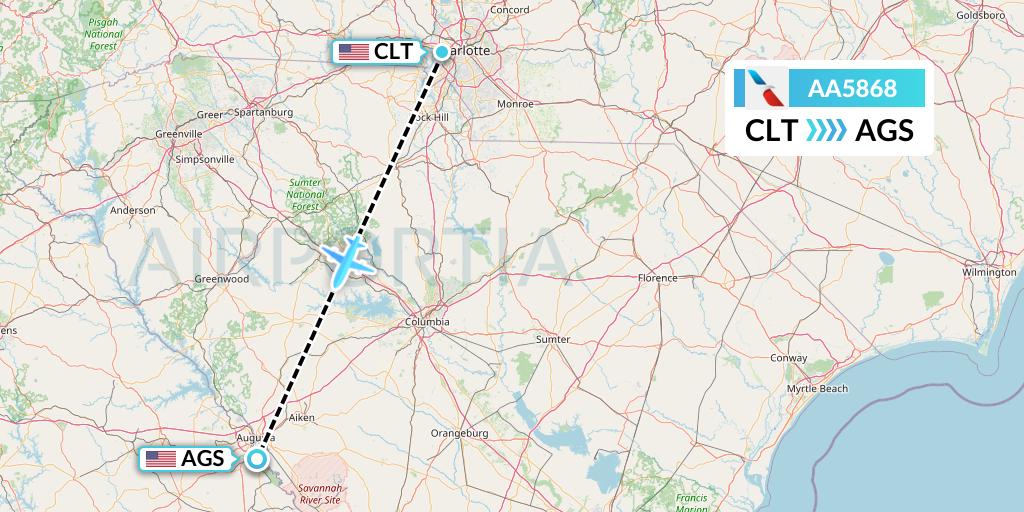 AA5868 American Airlines Flight Map: Charlotte to Augusta
