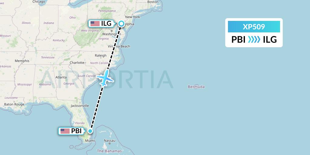XP509 Avelo Airlines Flight Map: West Palm Beach to Wilmington