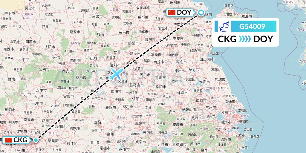 G54009 China Express Airlines Flight Map: Chongqing to Dongying