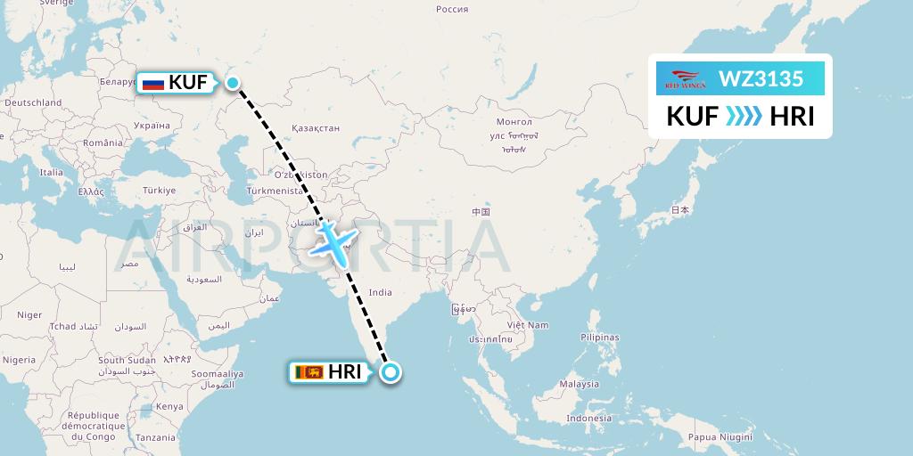 WZ3135 Red Wings Flight Map: Samara to Hambantota