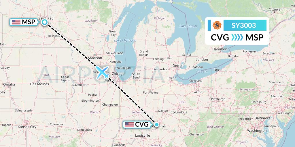 SY3003 Sun Country Airlines Flight Map: Cincinnati to Minneapolis