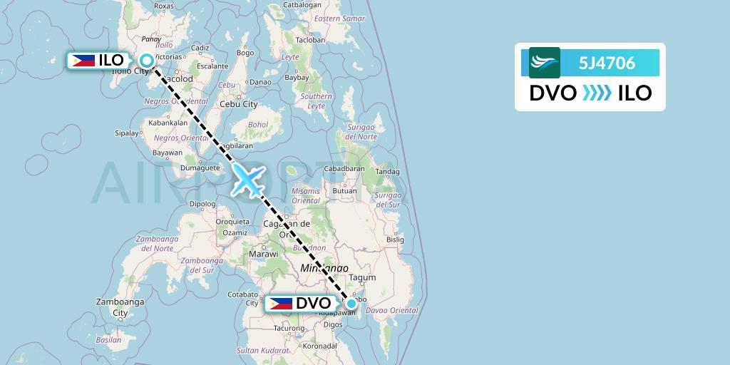5J4706 CEBU Pacific Air Flight Map: Davao City to Iloilo