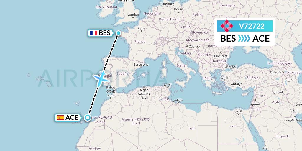 V72722 Volotea Flight Map: Brest to Lanzarote
