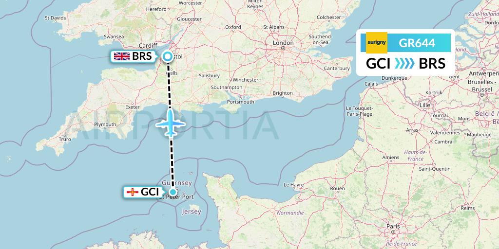 GR644 Aurigny Air Services Flight Map: Guernsey to Bristol