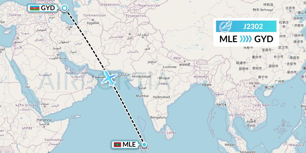 J2302 Azerbaijan Airlines Flight Map: Male to Baku